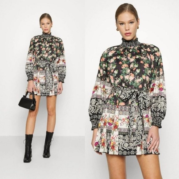 Alice + Olivia JANIS RAGLAN Floral belted mock neck boho Fall mini dress Size 6 - Picture 15 of 15